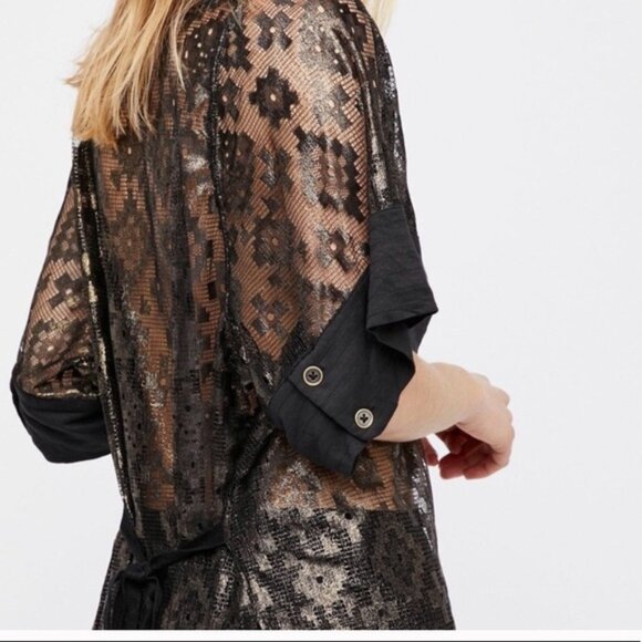 Free People Gilded Age Sheer Oversize Tunic Top In Black And Gold Size XS EUC - Picture 2 of 13